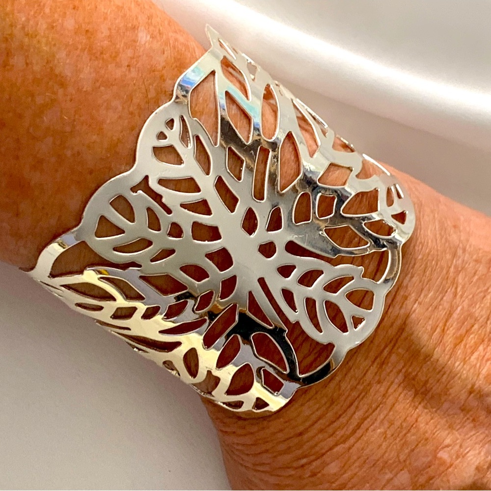 Silver Filigree Wide Cuff Boho Bracelet